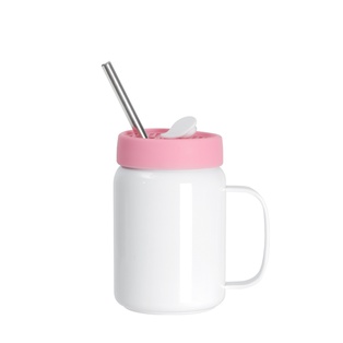 16OZ/480ml Stainless Steel Mason Jar with Handle & Straw (Silicon lid-Pink)