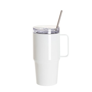 20oz/600ml Stainless Steel Travel Tumbler With Handle, Metal Straw And Screw Top (White)