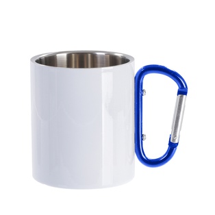 300ml White Stainless Steel Mug Double Wall with Blue Carabiner Handle