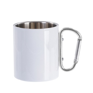 300ml White Stainless Steel Mug Double Wall with Silver Carabiner Handle