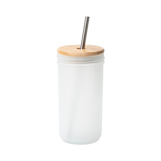22oz/650ml Glass Tumbler with Bamboo Lid & Metal Straw (Frosted White)