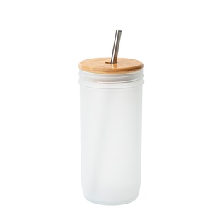 24oz/720ml Glass Tumbler with Bamboo Lid & Metal Straw (Frosted White)