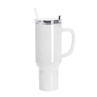 40oz/1200ml White Stainless Steel  Tumbler with White Plastic Handle, Plastic Straw & Swivel Lid