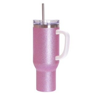 40oz/1200ml Stainless Steel Tumbler with Plastic Handle, Metal Straw & Leak-Proof Slide Lid (Glitter Pink)