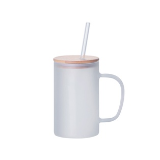 18oz/540ml Glass Mug Frosted White with Bamboo Lid and Glass Straw