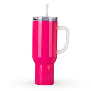 40oz/1200ml Stainless Steel Neon Color Tumbler with Plastic Handle, Plastic Straw & Leak-Proof Slide Lid (Rose Red)