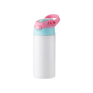 Kids Stainless Steel Bottle With Silicon Straw &Pink Cap(12oz/360ml,Sublimation Blank,White)