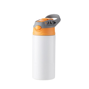 Kids Stainless Steel Bottle With Silicon Straw &Orange Cap(12oz/360ml,Sublimation Blank,White)