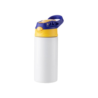 Kids Stainless Steel Bottle With Silicon Straw & Blue Cap(12oz/360ml,Sublimation Blank,White)