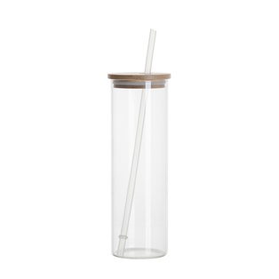 600ml Glass Skinny Tumbler w/ Straw & Bamboo Lid(Clear)