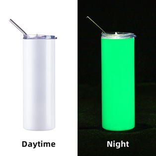 Luminous Skinny Tumbler w/ Straw(20oz/600ml,Common Blank,White-Green)
