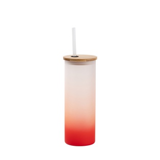 Frosted Glass Skinny Tumbler w/Straw & Bamboo Lid(17oz/500ml,Sublimation Blank,Red)