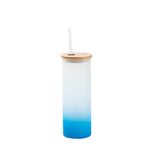 Frosted Glass Skinny Tumbler w/Straw & Bamboo Lid(17oz/500ml,Sublimation Blank,Light Blue)