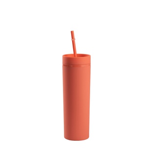 16OZ/473ml Double Wall Plastic Mug with Straw & Lid (Coral Red, Paint)
