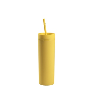 16OZ/473ml Double Wall Plastic Mug with Straw & Lid (Yellow, Paint)