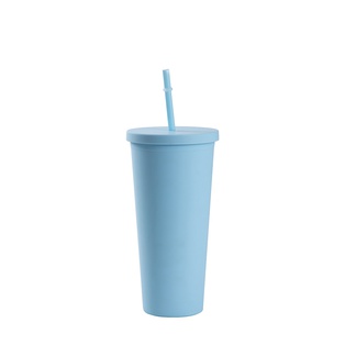 24OZ/700ml Double Wall Plastic Tumbler with Straw & Lid (Light Blue, Paint)