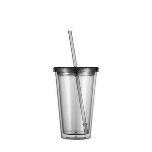 16OZ/473ml Double Wall Clear Plastic Tumbler with Straw & Lid (Light Gray)