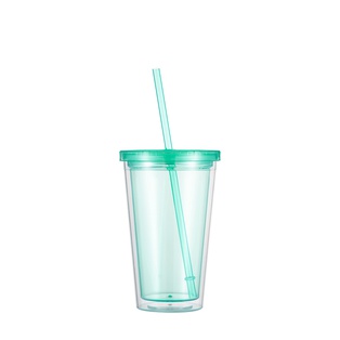 16OZ/473ml Double Wall Clear Plastic Tumbler with Straw & Lid (Light Green)