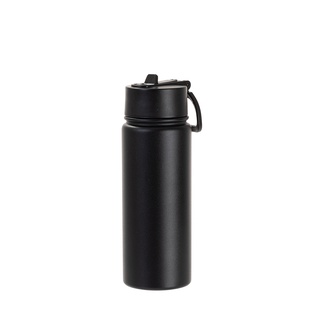 18oz/550ml Stainless Steel Water Bottle w/ Wide Mouth Straw Lid & Rotating Handle (Powder Coated, Black)