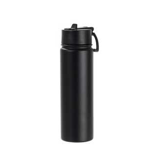 22oz/650ml Stainless Steel Flask with Wide Mouth Straw Lid & Rotating Handle (Powder Coated, Black)