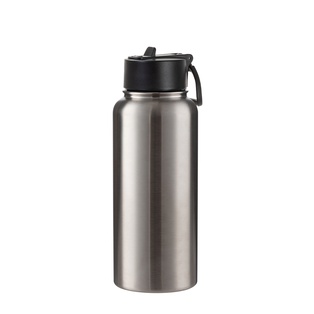 32oz/950ml Stainless Steel Flask with Wide Mouth Straw Lid & Rotating Handle (Plain, Stainless steel)