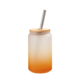 13oz/400ml Glass Mugs Gradient Orange with Bamboo lid & Metal Straw
