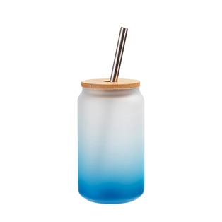 13oz/400ml  Glass Mugs Gradient Light Blue with Bamboo lid & Metal Straw