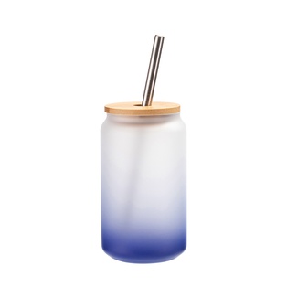 13oz/400ml Glass Mugs Gradient Dark Blue with Bamboo lid & Metal Straw