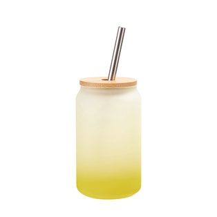 13oz/400ml Glass Mugs Gradient Lemon Yellow with Bamboo lid & Metal Straw