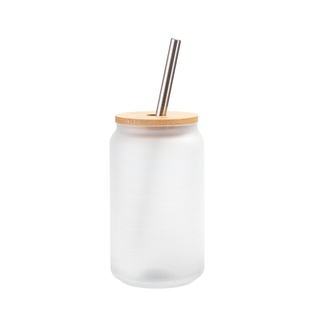 13oz/400ml Glass Mugs Frosted White with Bamboo lid & Metal Straw